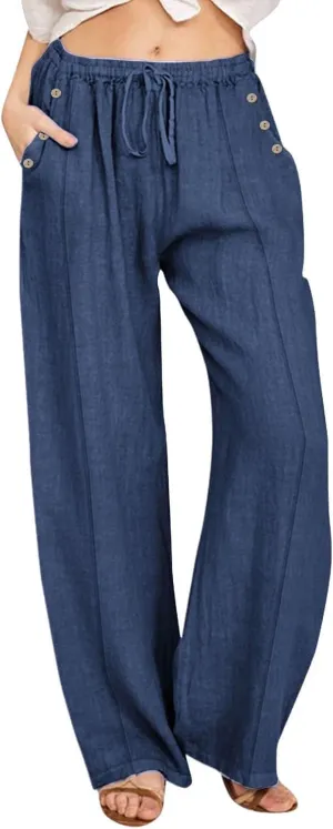 Linen Summer Pants for Women 2025 Trendy Casual High Waist Palazzo Drawstring Trousers Lounge Loose Pants