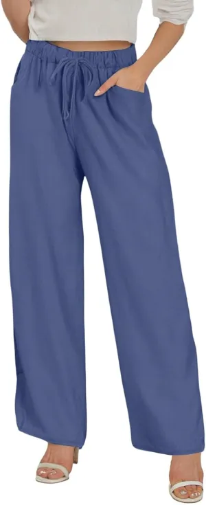 Linen Wide Leg Pants for Women Casual Summer Elastic Waist Beach Pants Loose Fit Flowy Lounge Trousers with Pockets