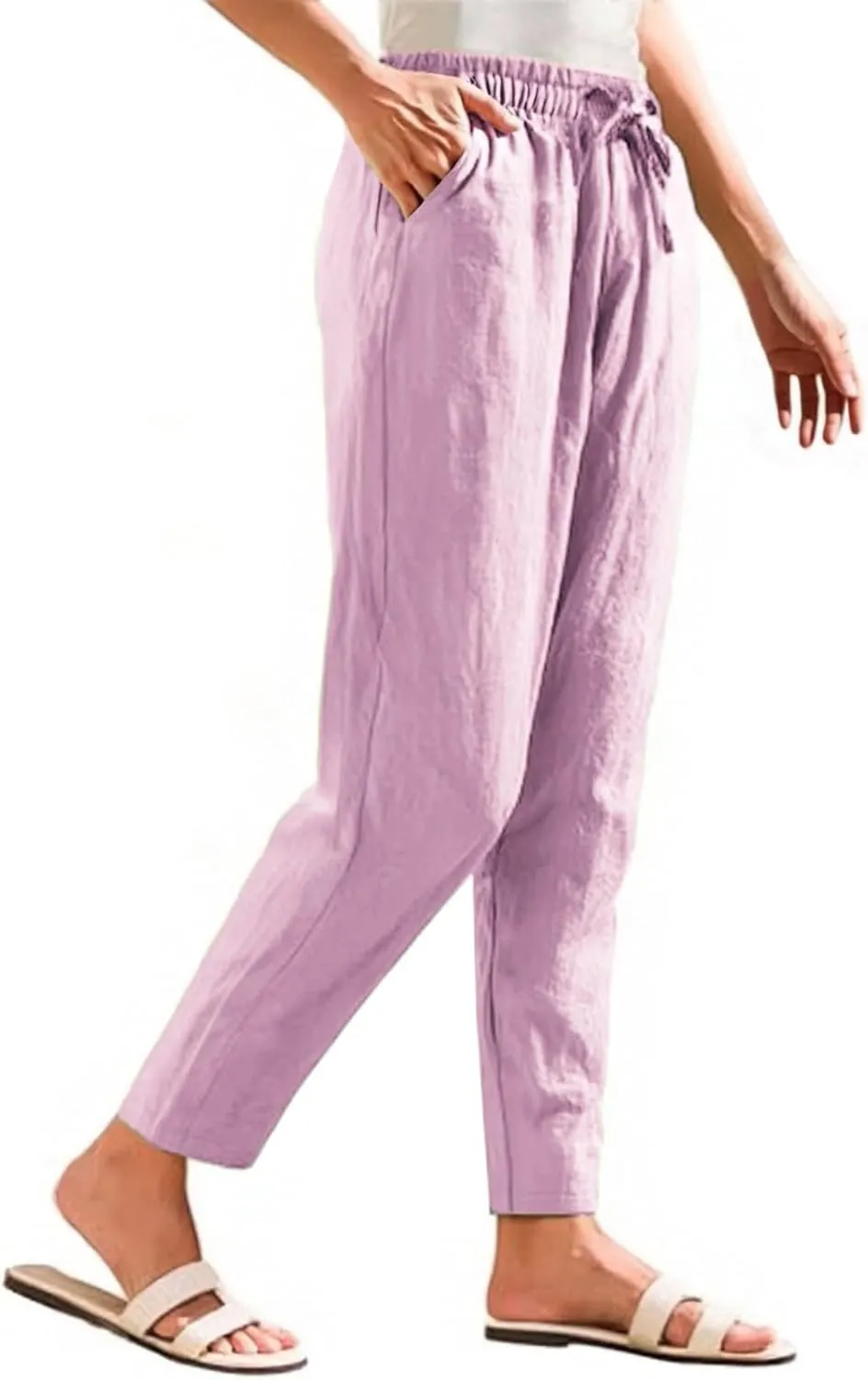 Linen Wide Leg Pants for Women Drawstring Casual Pants Straight Leg Linen