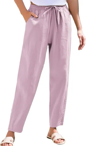 Linen Wide Leg Pants for Women Drawstring Casual Pants Straight Leg Linen
