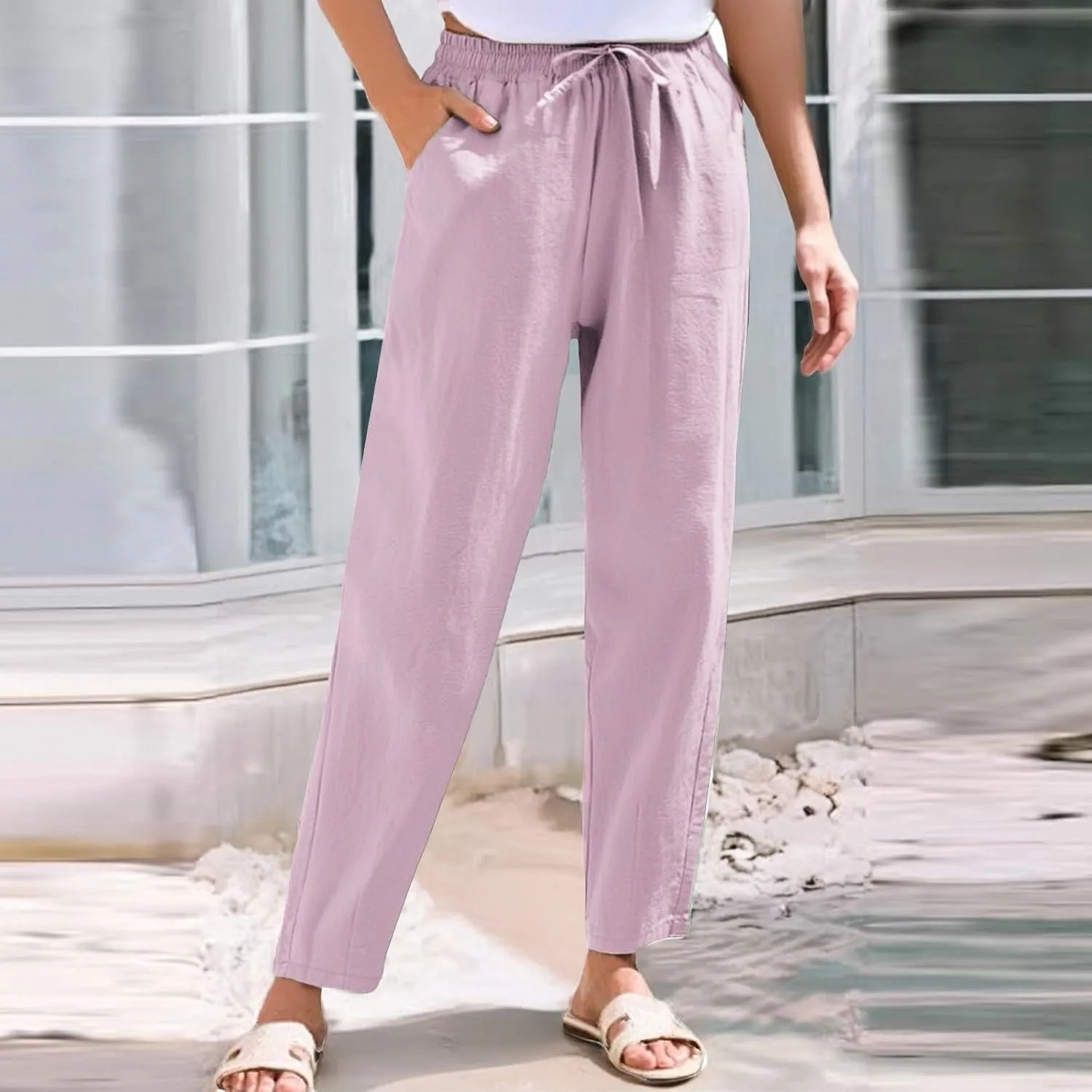 Linen Wide Leg Pants for Women Drawstring Casual Pants Straight Leg Linen