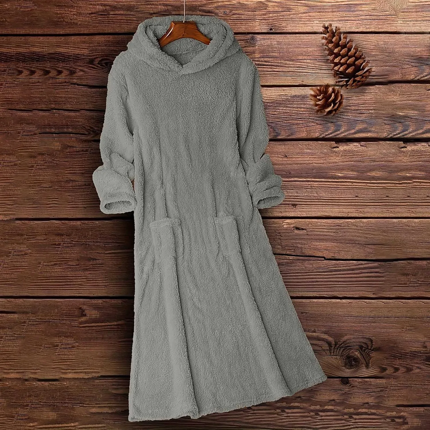 Long Sleeve Dress for Women 2024 Winter Warm Fluffy Fuzzy Hooded Dress Casual Plush Midi Dress Nightgown with Pockets
