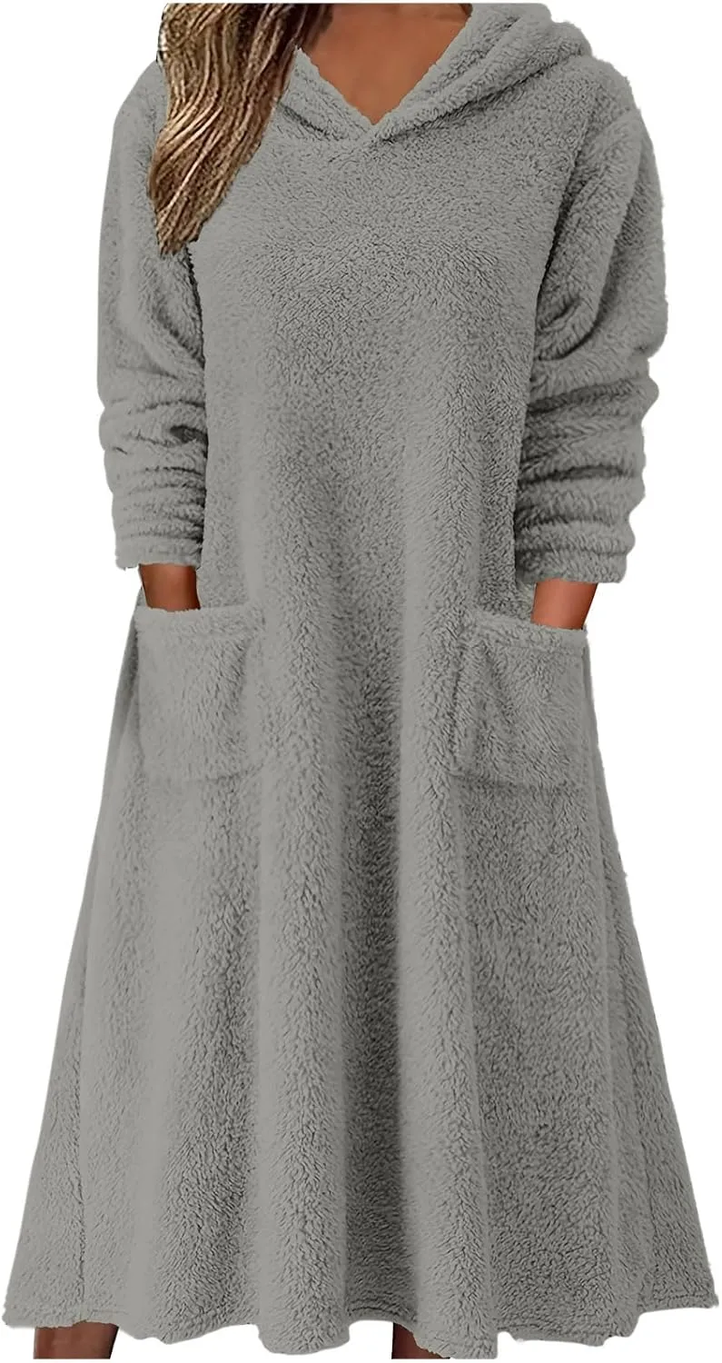 Long Sleeve Dress for Women 2024 Winter Warm Fluffy Fuzzy Hooded Dress Casual Plush Midi Dress Nightgown with Pockets