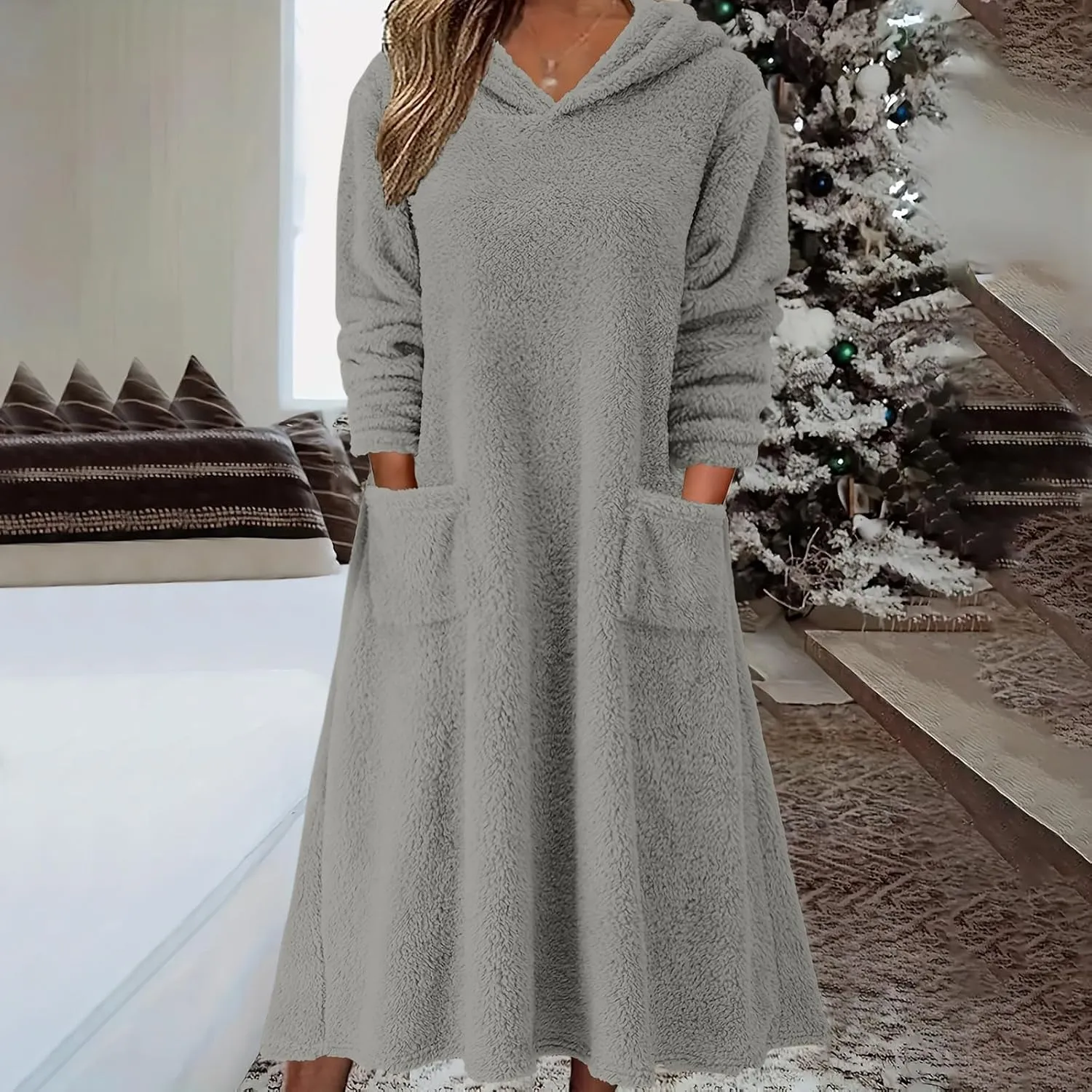 Long Sleeve Dress for Women 2024 Winter Warm Fluffy Fuzzy Hooded Dress Casual Plush Midi Dress Nightgown with Pockets