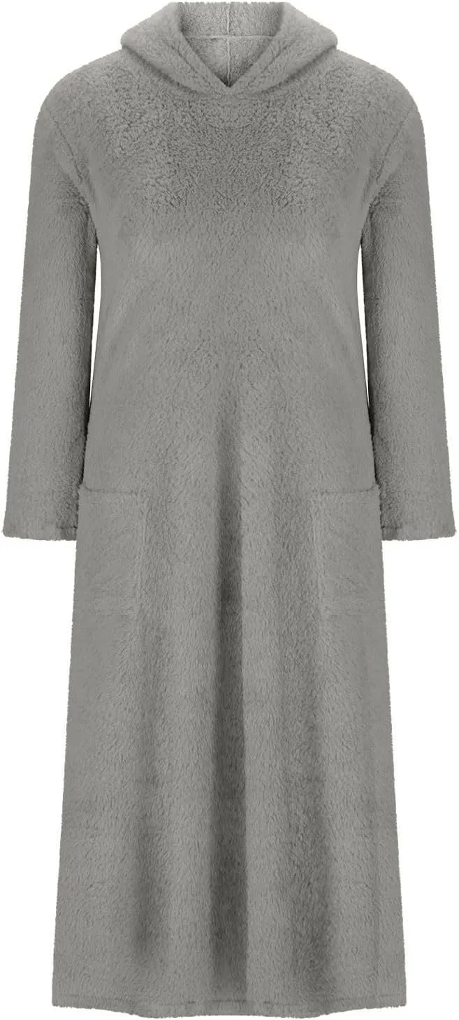 Long Sleeve Dress for Women 2024 Winter Warm Fluffy Fuzzy Hooded Dress Casual Plush Midi Dress Nightgown with Pockets