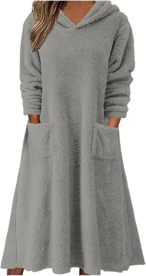 Long Sleeve Dress for Women 2024 Winter Warm Fluffy Fuzzy Hooded Dress Casual Plush Midi Dress Nightgown with Pockets