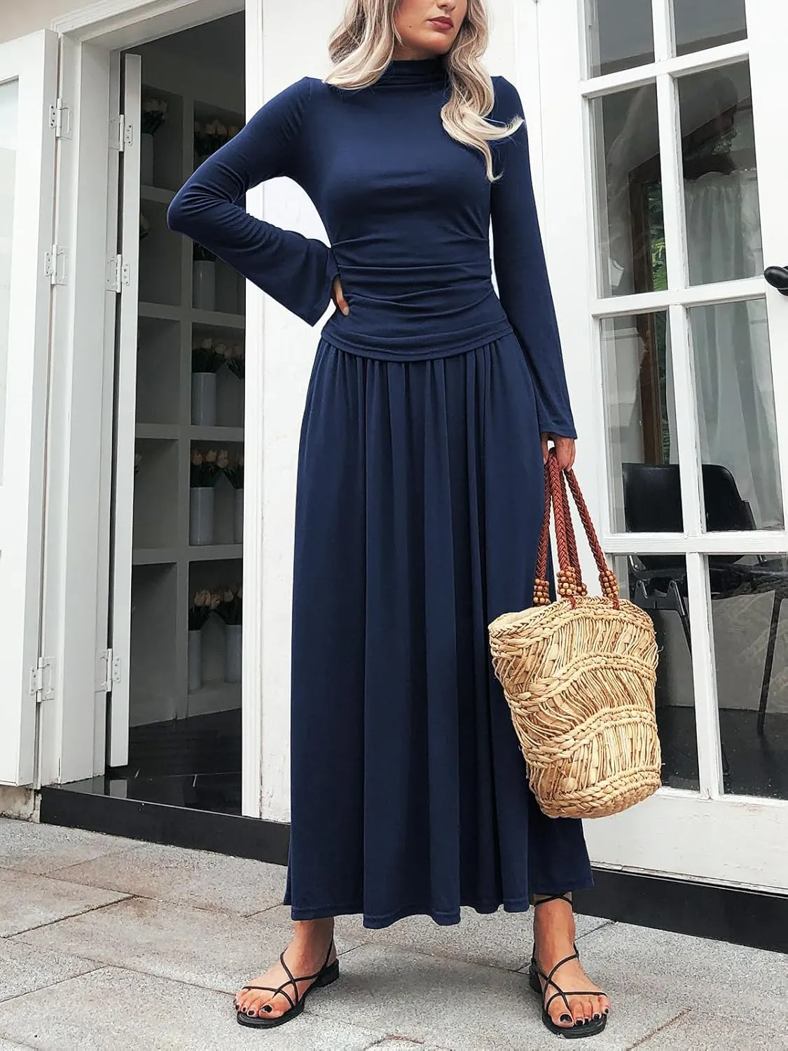 Long Sleeve Two Pieces Skirt Sets Women 2 Piece Outfits Casual Mock Neck Tops Swing Maxi Skirts Sets with Pockets