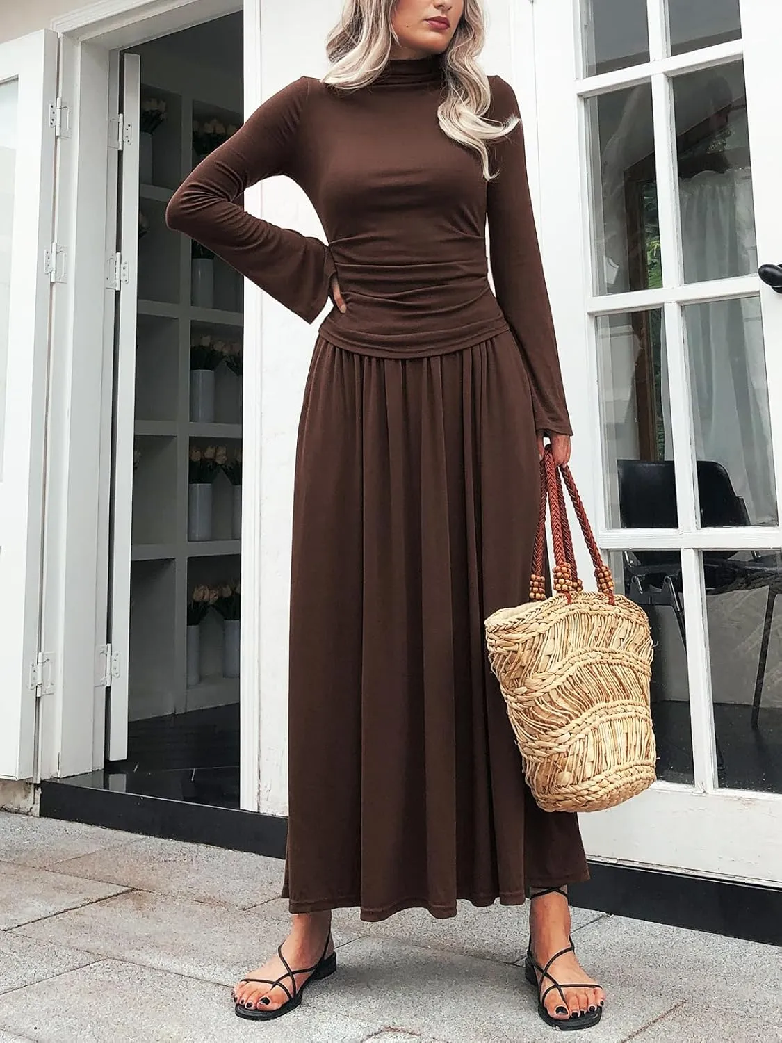 Long Sleeve Two Pieces Skirt Sets Women 2 Piece Outfits Casual Mock Neck Tops Swing Maxi Skirts Sets with Pockets