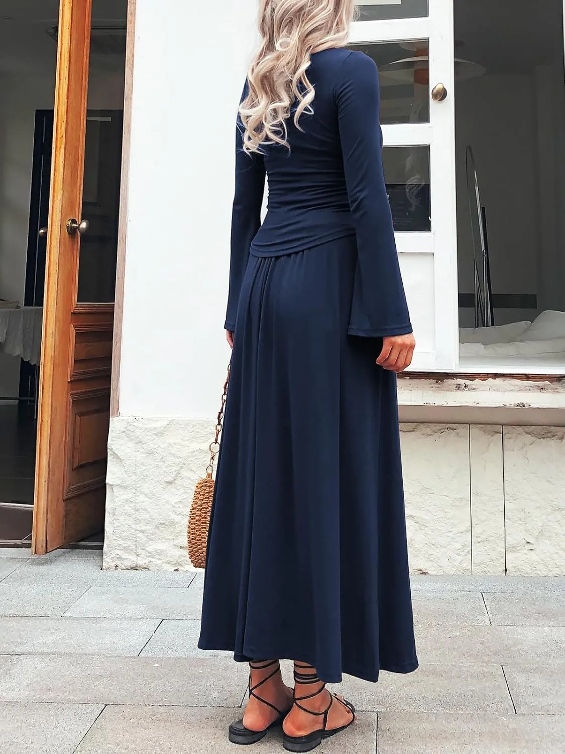 Long Sleeve Two Pieces Skirt Sets Women 2 Piece Outfits Casual Mock Neck Tops Swing Maxi Skirts Sets with Pockets