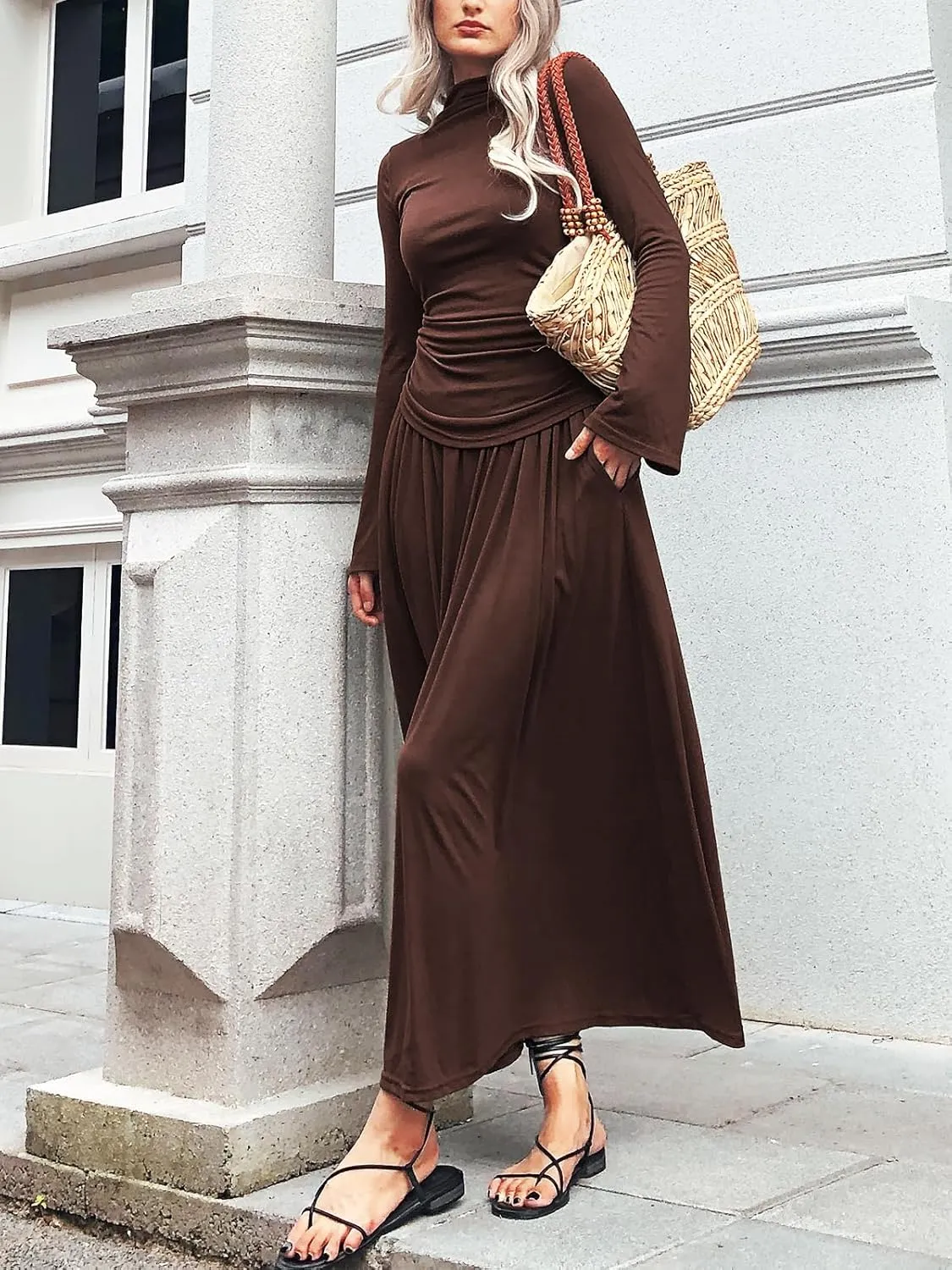 Long Sleeve Two Pieces Skirt Sets Women 2 Piece Outfits Casual Mock Neck Tops Swing Maxi Skirts Sets with Pockets
