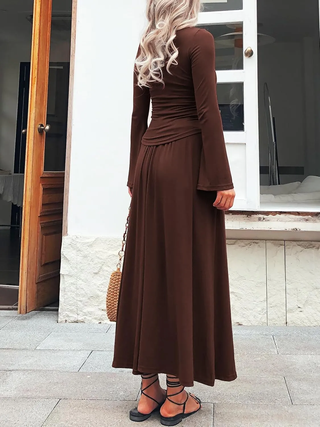 Long Sleeve Two Pieces Skirt Sets Women 2 Piece Outfits Casual Mock Neck Tops Swing Maxi Skirts Sets with Pockets