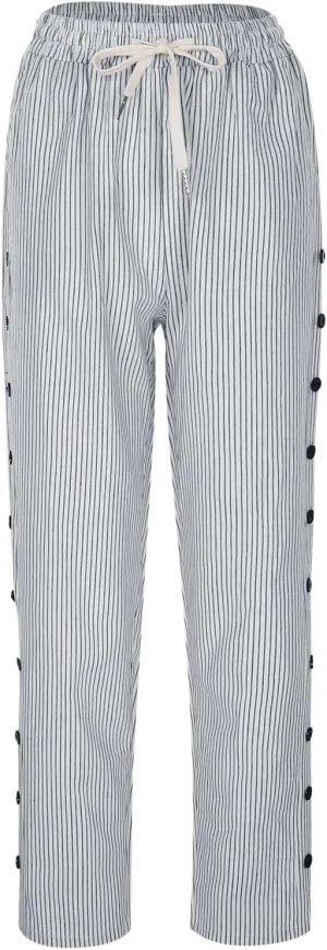 Lounge Pants for Women Cotton Linen Striped Button Down Pants Elastic Waist Pockets Plus Size Ankle Cuffed Pants 2024