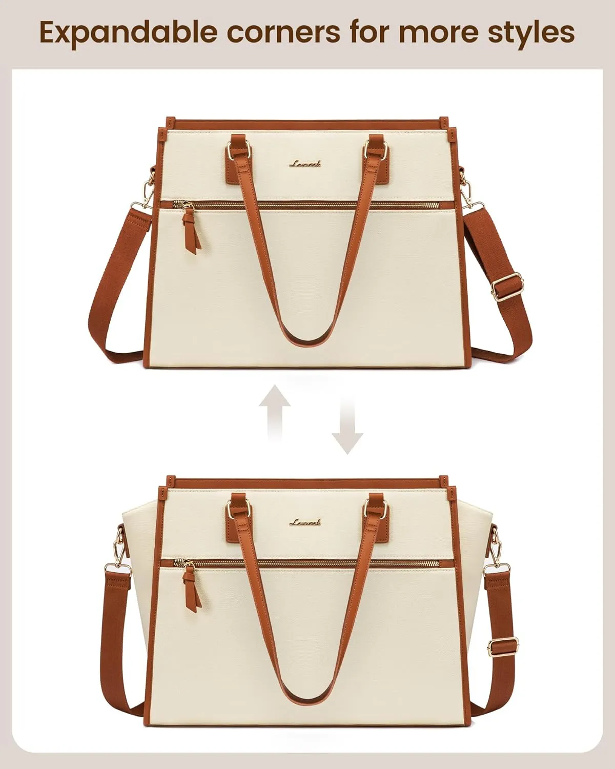 LOVEVOOK Laptop Bag for Women 15.6 inch Work Bags for Women Professional Canvas Computer Tote Bag Large Capacity Handbag with Clutch Purse for Office, Business, School, Travel, CasualBeige & Brown