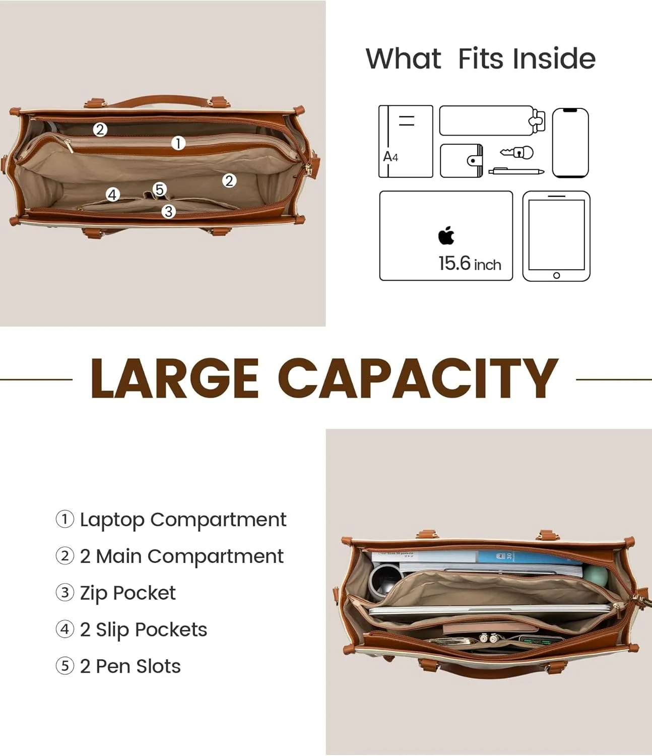 LOVEVOOK Laptop Bag for Women 15.6 inch Work Bags for Women Professional Canvas Computer Tote Bag Large Capacity Handbag with Clutch Purse for Office, Business, School, Travel, CasualBeige & Brown