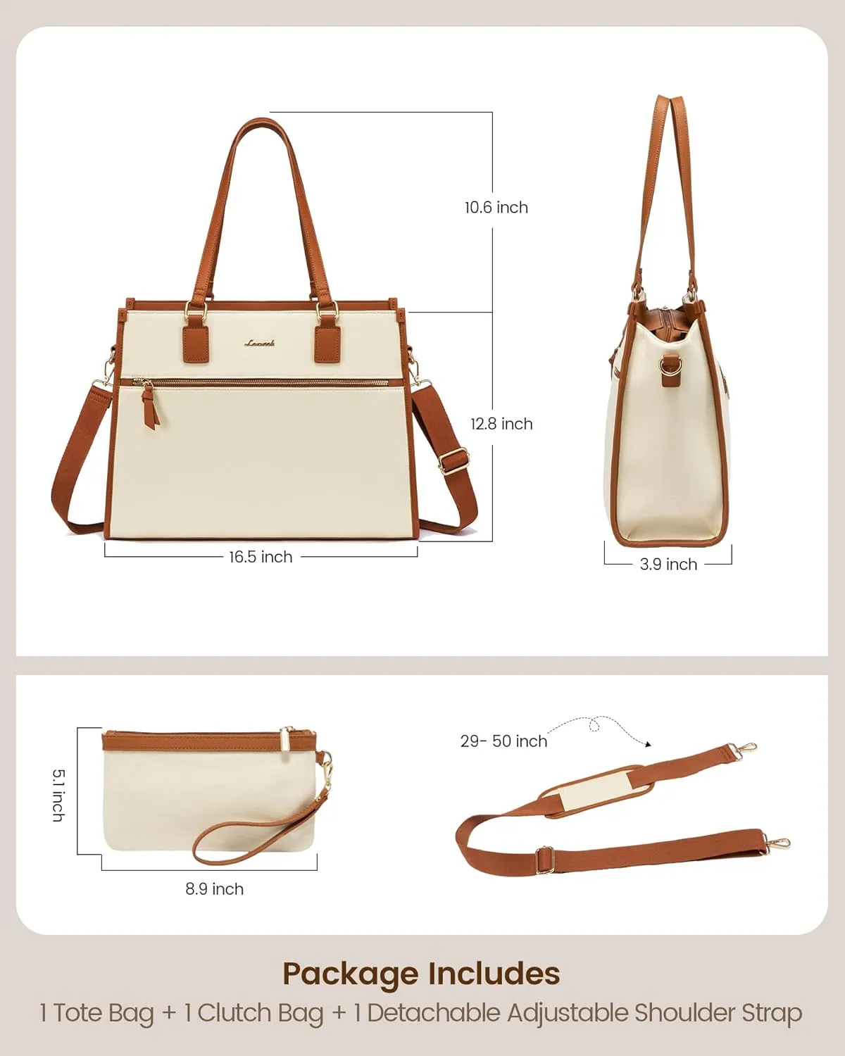 LOVEVOOK Laptop Bag for Women 15.6 inch Work Bags for Women Professional Canvas Computer Tote Bag Large Capacity Handbag with Clutch Purse for Office, Business, School, Travel, CasualBeige & Brown