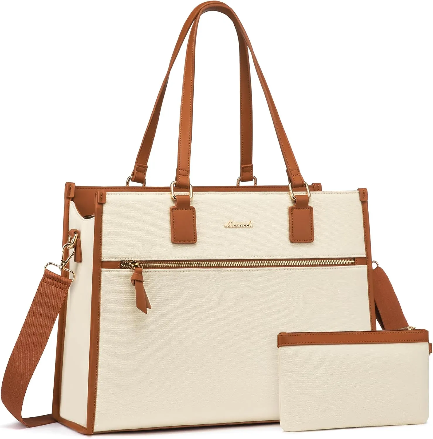 LOVEVOOK Laptop Bag for Women 15.6 inch Work Bags for Women Professional Canvas Computer Tote Bag Large Capacity Handbag with Clutch Purse for Office, Business, School, Travel, CasualBeige & Brown