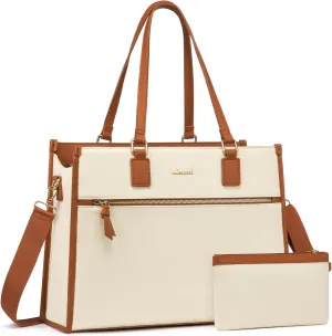 LOVEVOOK Laptop Bag for Women 15.6 inch Work Bags for Women Professional Canvas Computer Tote Bag Large Capacity Handbag with Clutch Purse for Office, Business, School, Travel, CasualBeige & Brown
