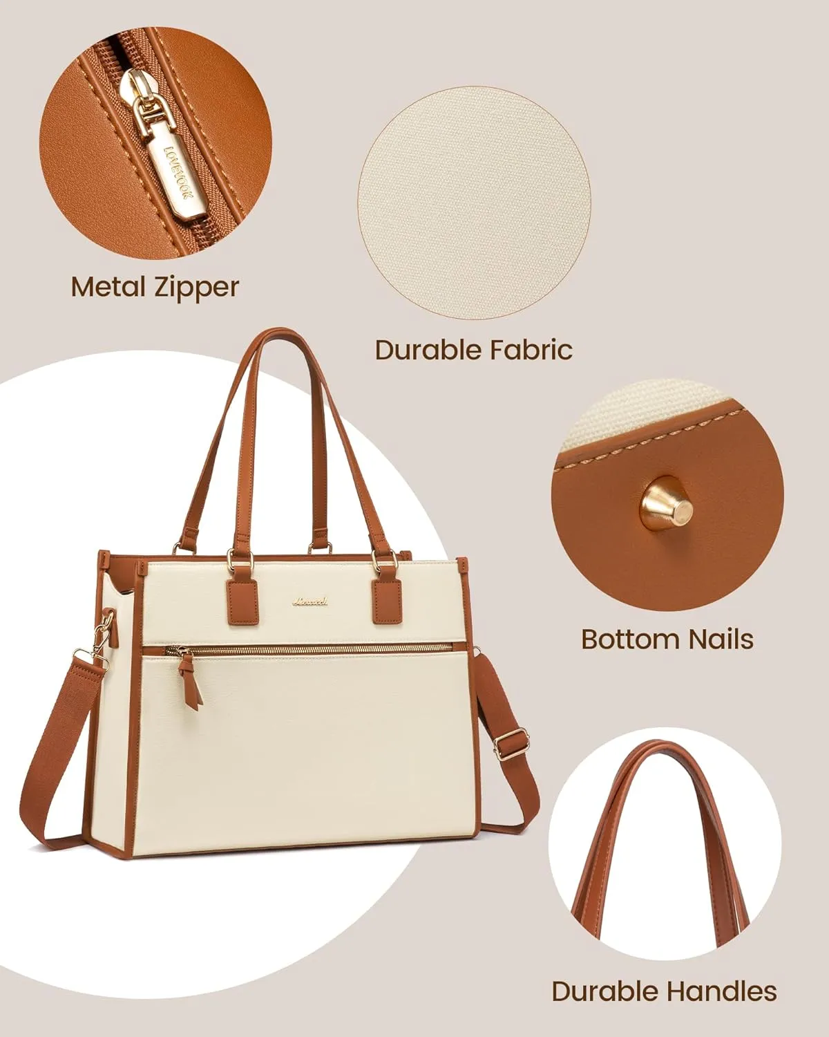LOVEVOOK Laptop Bag for Women 15.6 inch Work Bags for Women Professional Canvas Computer Tote Bag Large Capacity Handbag with Clutch Purse for Office, Business, School, Travel, CasualBeige & Brown