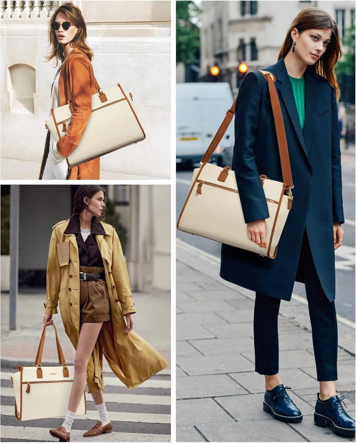 LOVEVOOK Laptop Bag for Women 15.6 inch Work Bags for Women Professional Canvas Computer Tote Bag Large Capacity Handbag with Clutch Purse for Office, Business, School, Travel, CasualBeige & Brown