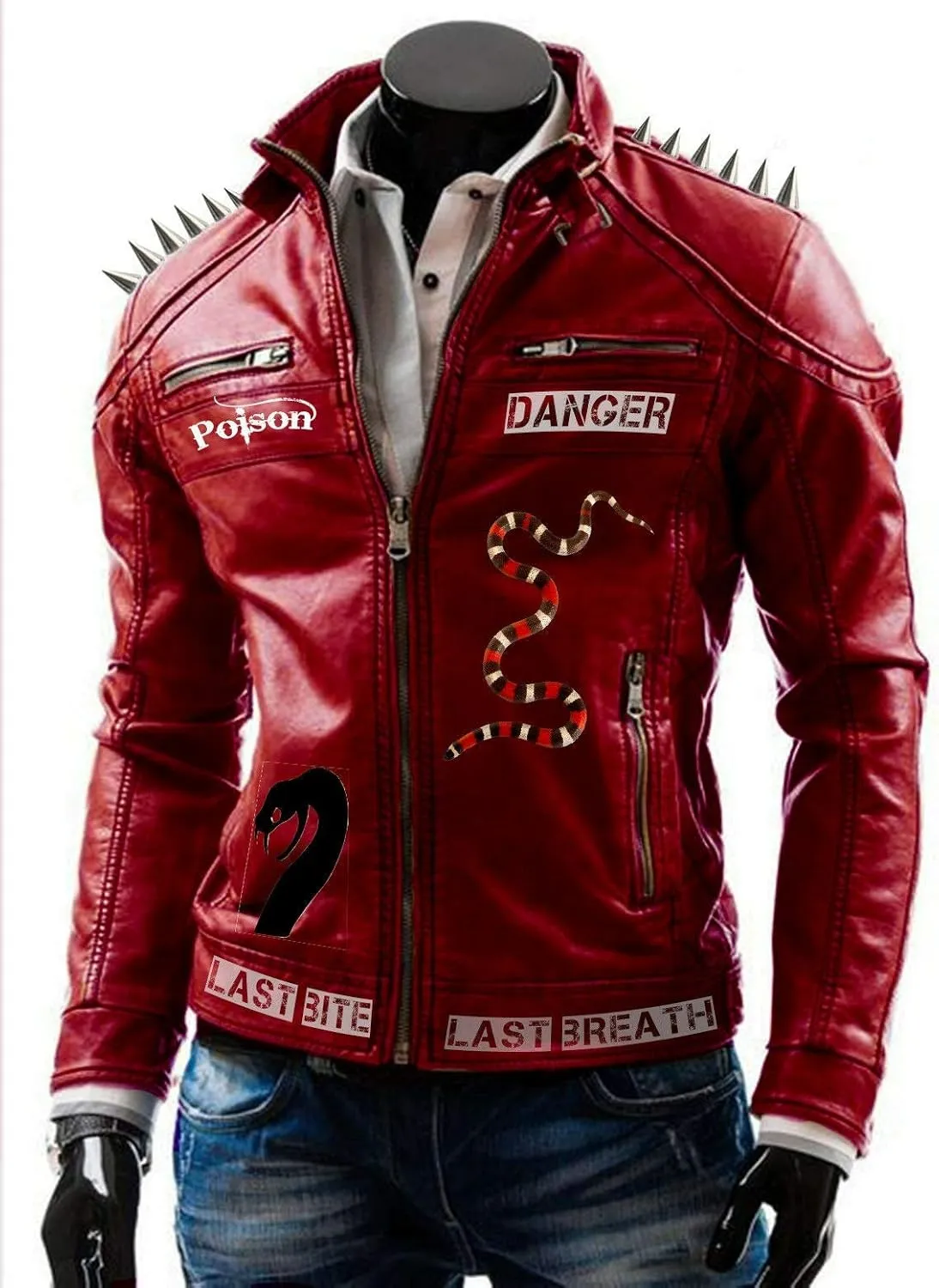 LP-FACON Mens Rock Punk Biker I am Venomous Serpents Studded Spikes Red Motorbike Leather Jacket