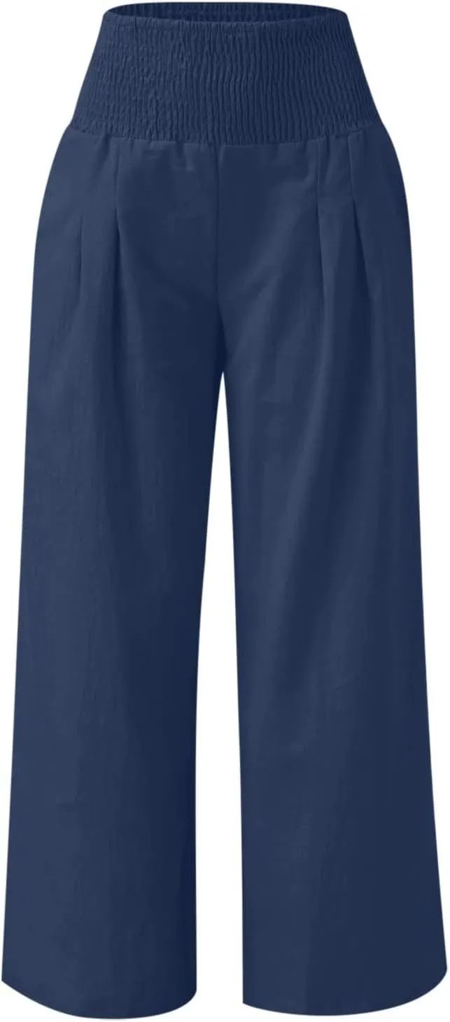 LRMQS Linen Wide Leg Pants Women Summer Casual Drawstring Elastic High Waist Trousers Resort Wear Beach Trendy Palazzo Pant