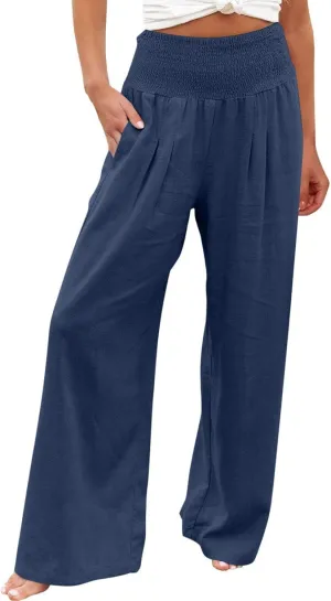 LRMQS Linen Wide Leg Pants Women Summer Casual Drawstring Elastic High Waist Trousers Resort Wear Beach Trendy Palazzo Pant