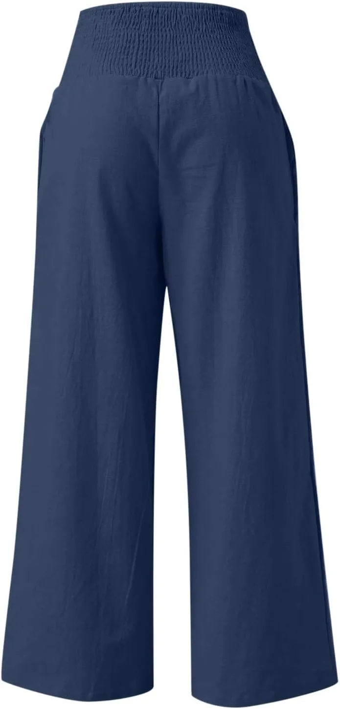 LRMQS Linen Wide Leg Pants Women Summer Casual Drawstring Elastic High Waist Trousers Resort Wear Beach Trendy Palazzo Pant