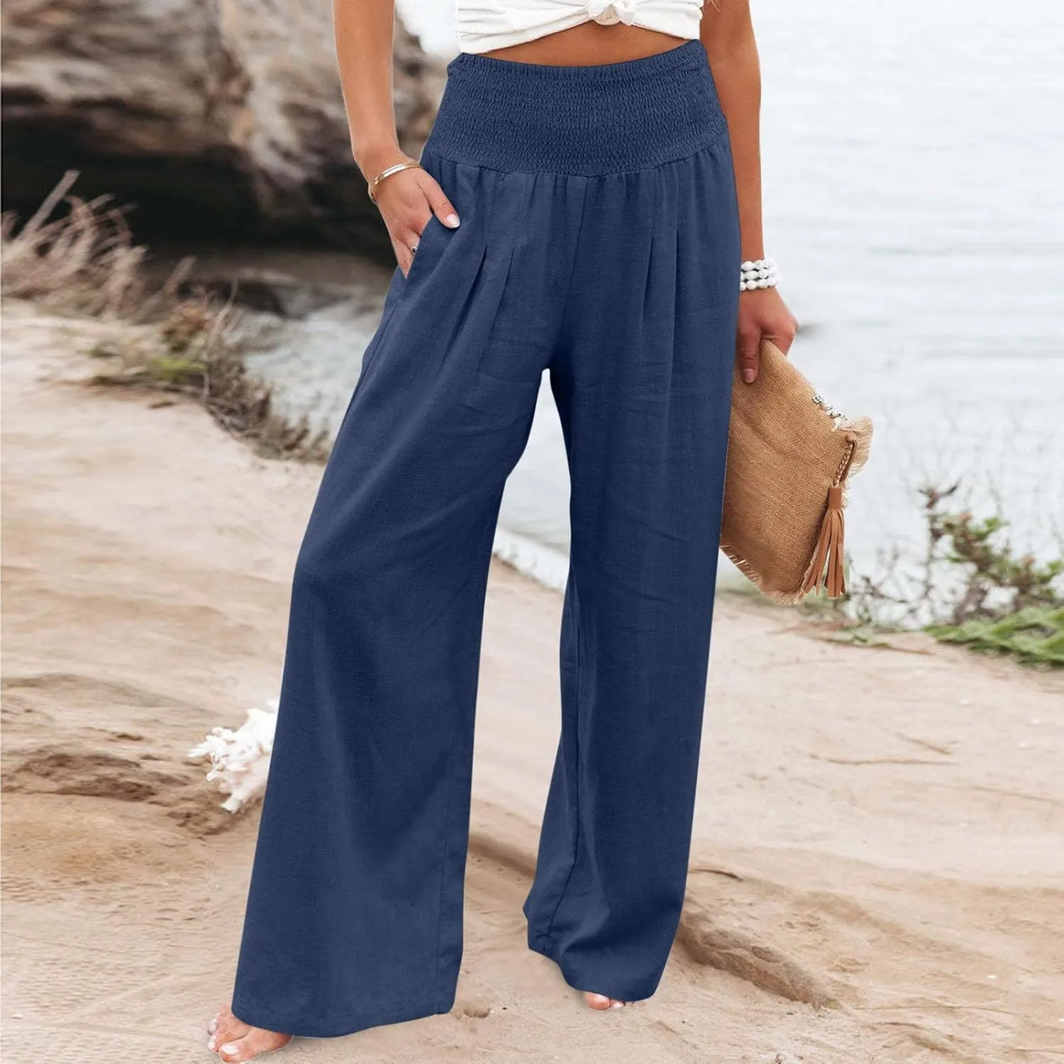 LRMQS Linen Wide Leg Pants Women Summer Casual Drawstring Elastic High Waist Trousers Resort Wear Beach Trendy Palazzo Pant