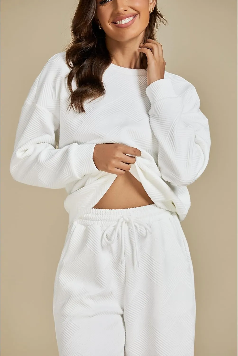 luvamia Lounge 2 Piece Sets for Women Texture Long Sleeve Pullover Pull On Wide Leg Pants Sweatsuit Loungewear Sweat Set