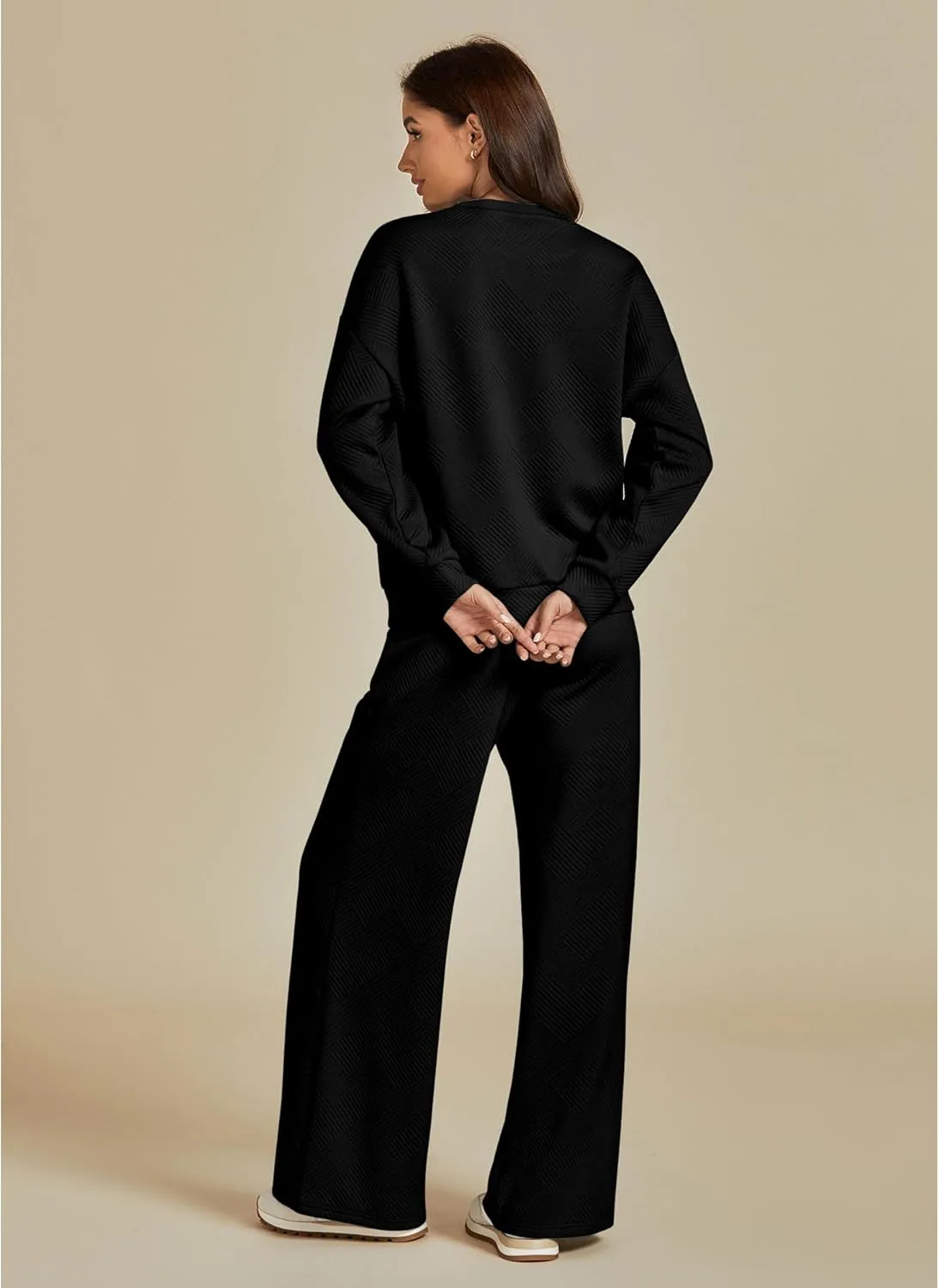 luvamia Lounge 2 Piece Sets for Women Texture Long Sleeve Pullover Pull On Wide Leg Pants Sweatsuit Loungewear Sweat Set