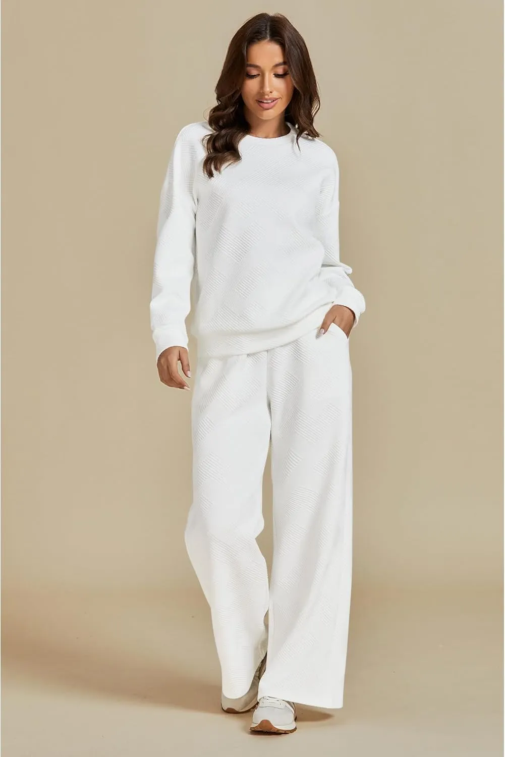 luvamia Lounge 2 Piece Sets for Women Texture Long Sleeve Pullover Pull On Wide Leg Pants Sweatsuit Loungewear Sweat Set