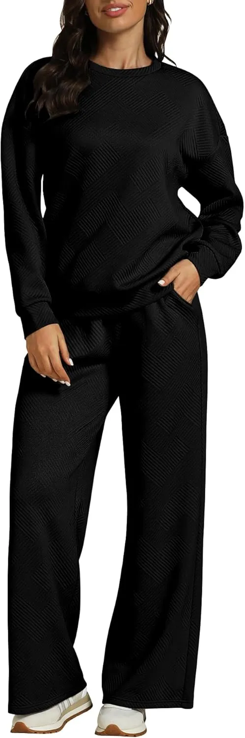 luvamia Lounge 2 Piece Sets for Women Texture Long Sleeve Pullover Pull On Wide Leg Pants Sweatsuit Loungewear Sweat Set