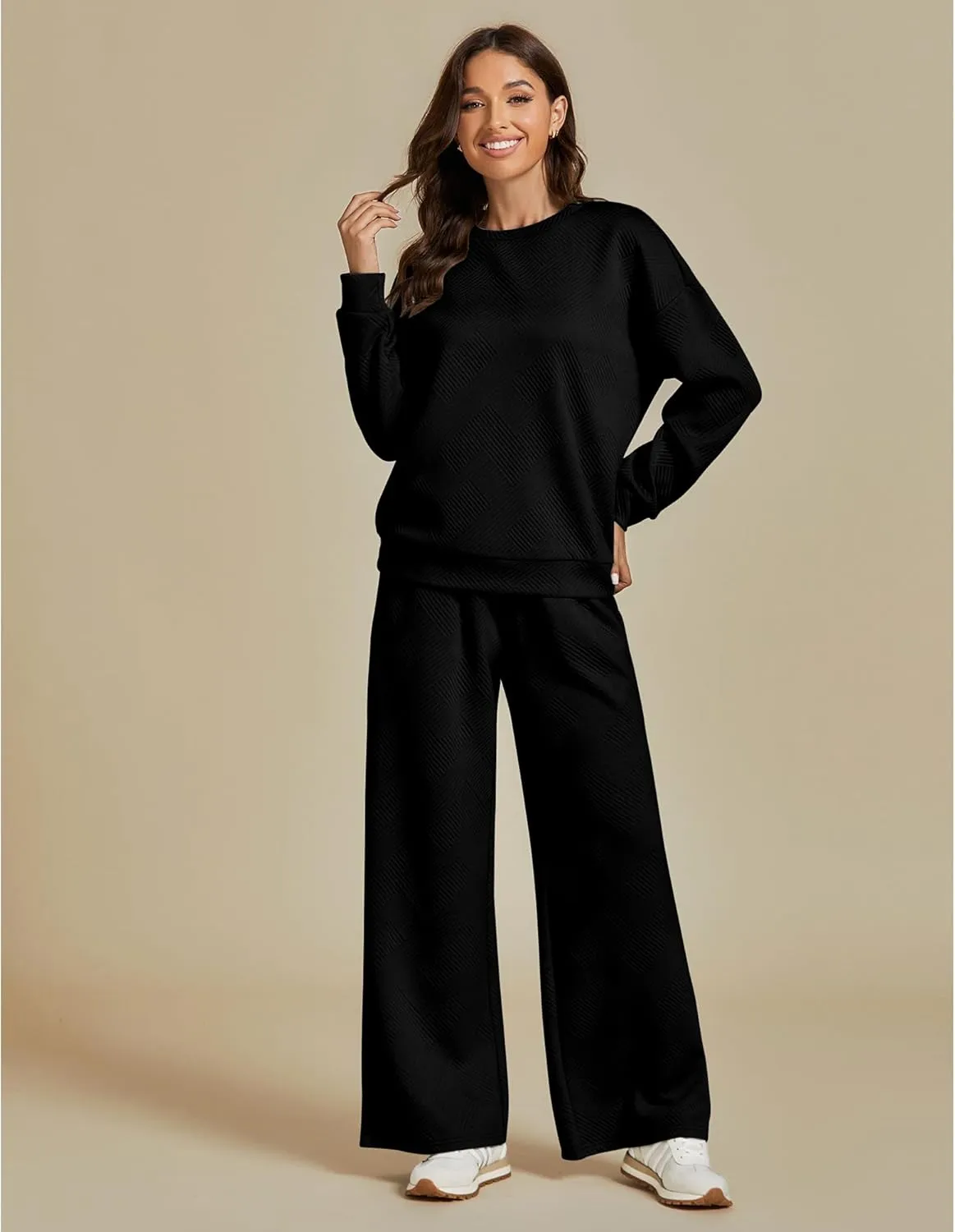luvamia Lounge 2 Piece Sets for Women Texture Long Sleeve Pullover Pull On Wide Leg Pants Sweatsuit Loungewear Sweat Set