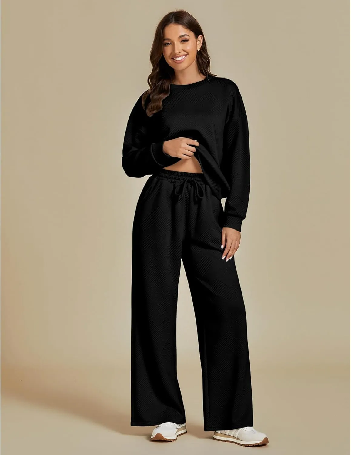 luvamia Lounge 2 Piece Sets for Women Texture Long Sleeve Pullover Pull On Wide Leg Pants Sweatsuit Loungewear Sweat Set