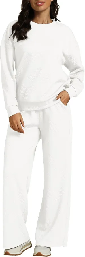 luvamia Lounge 2 Piece Sets for Women Texture Long Sleeve Pullover Pull On Wide Leg Pants Sweatsuit Loungewear Sweat Set