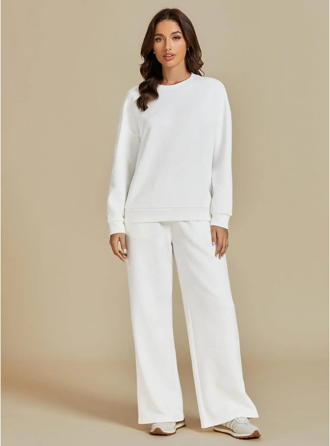 luvamia Lounge 2 Piece Sets for Women Texture Long Sleeve Pullover Pull On Wide Leg Pants Sweatsuit Loungewear Sweat Set