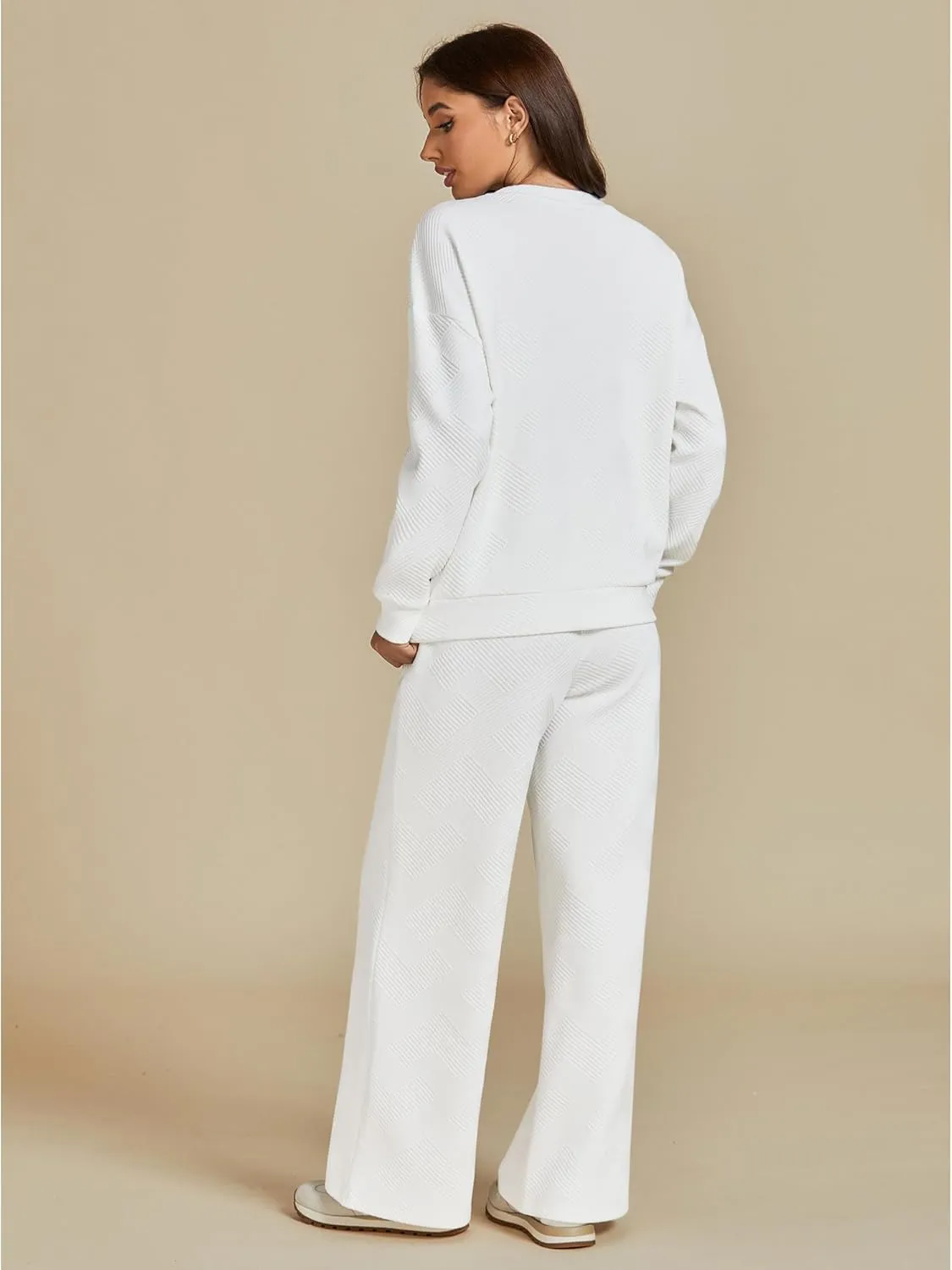 luvamia Lounge 2 Piece Sets for Women Texture Long Sleeve Pullover Pull On Wide Leg Pants Sweatsuit Loungewear Sweat Set