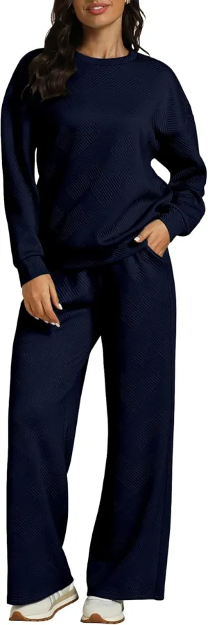 luvamia Lounge 2 Piece Sets for Women Texture Long Sleeve Pullover Pull On Wide Leg Pants Sweatsuit Loungewear Sweat Set