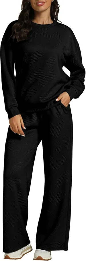 luvamia Lounge 2 Piece Sets for Women Texture Long Sleeve Pullover Pull On Wide Leg Pants Sweatsuit Loungewear Sweat Set