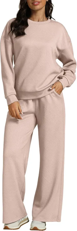 luvamia Lounge 2 Piece Sets for Women Texture Long Sleeve Pullover Pull On Wide Leg Pants Sweatsuit Loungewear Sweat Set