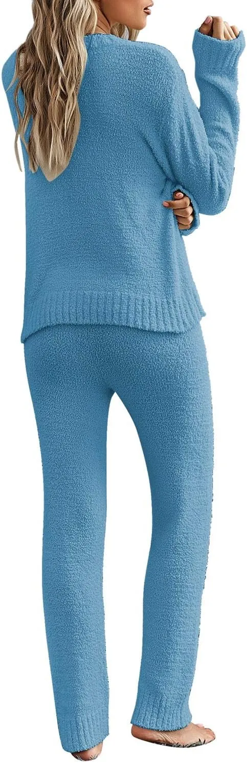 luvamia Women's Casual Pajama Set Fuzzy Fleece Knitted Long Sleeve Pj Loungewear