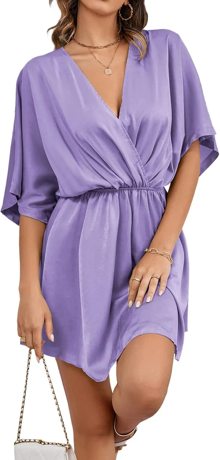 LYANER Women's Satin V Neck Twist Ruffle Flowy Swing Short Sleeve Elegant Mini Dress