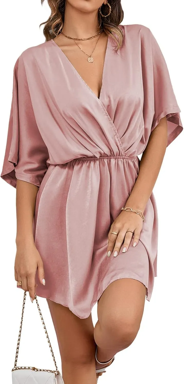 LYANER Women's Satin V Neck Twist Ruffle Flowy Swing Short Sleeve Elegant Mini Dress