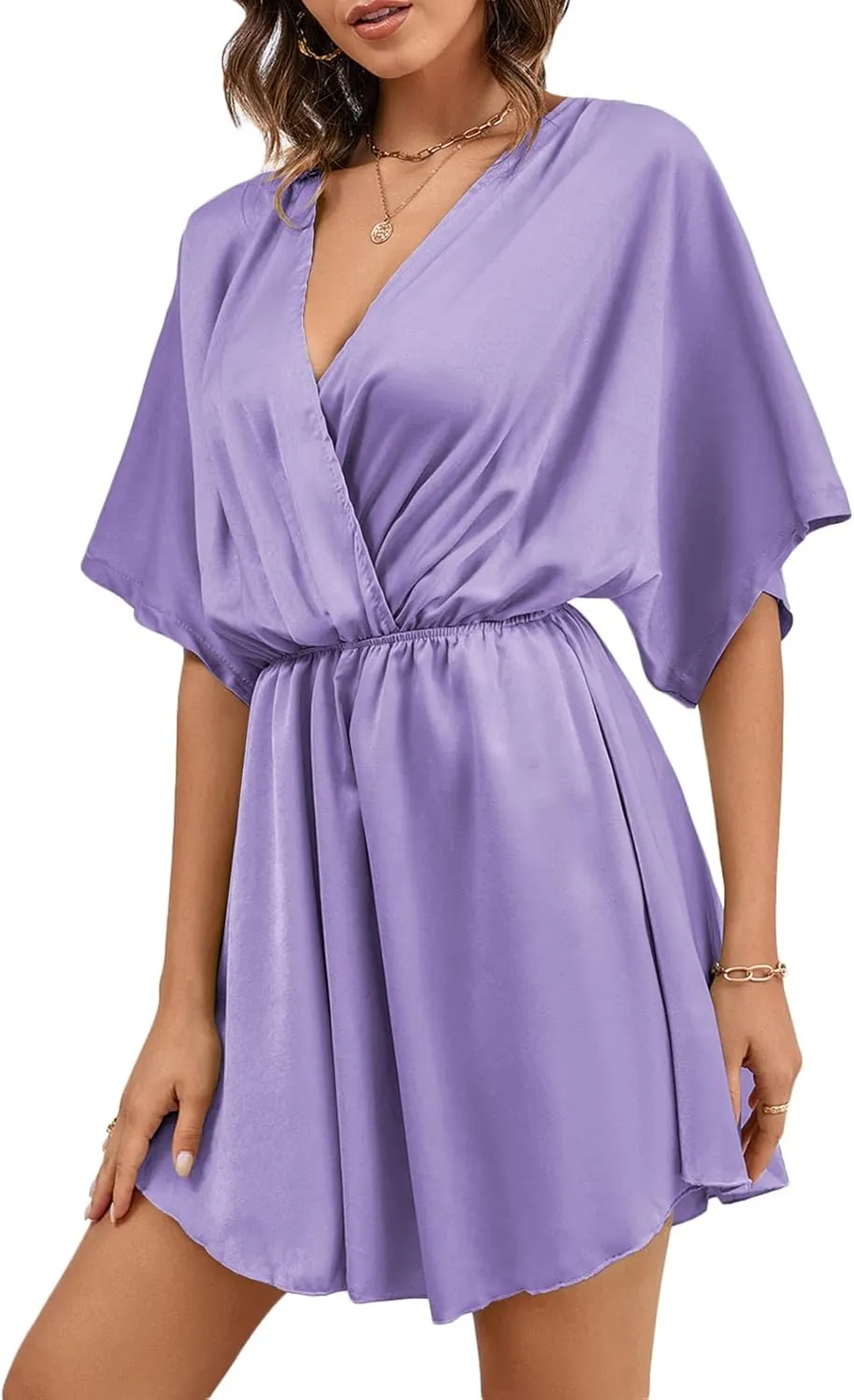 LYANER Women's Satin V Neck Twist Ruffle Flowy Swing Short Sleeve Elegant Mini Dress