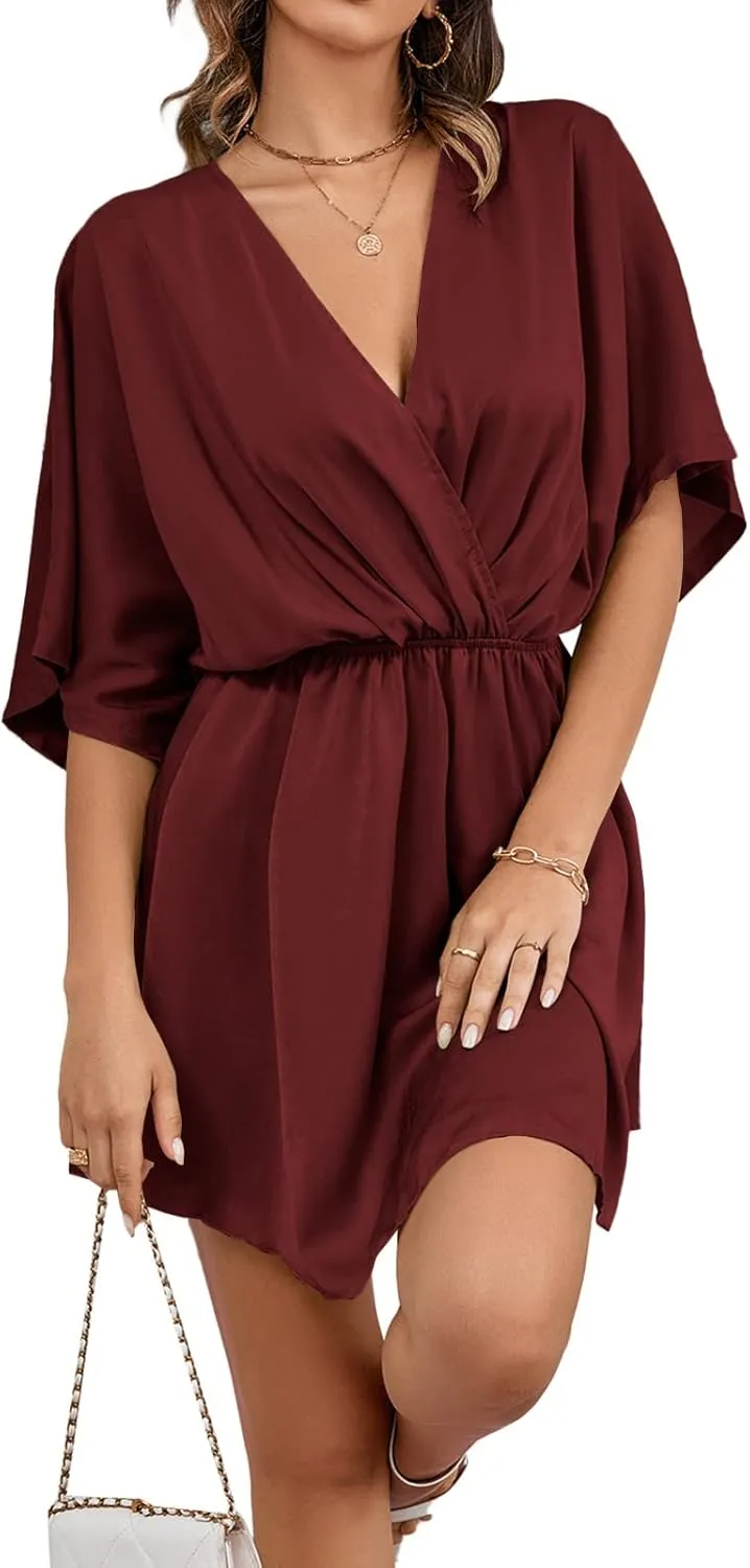 LYANER Women's Satin V Neck Twist Ruffle Flowy Swing Short Sleeve Elegant Mini Dress