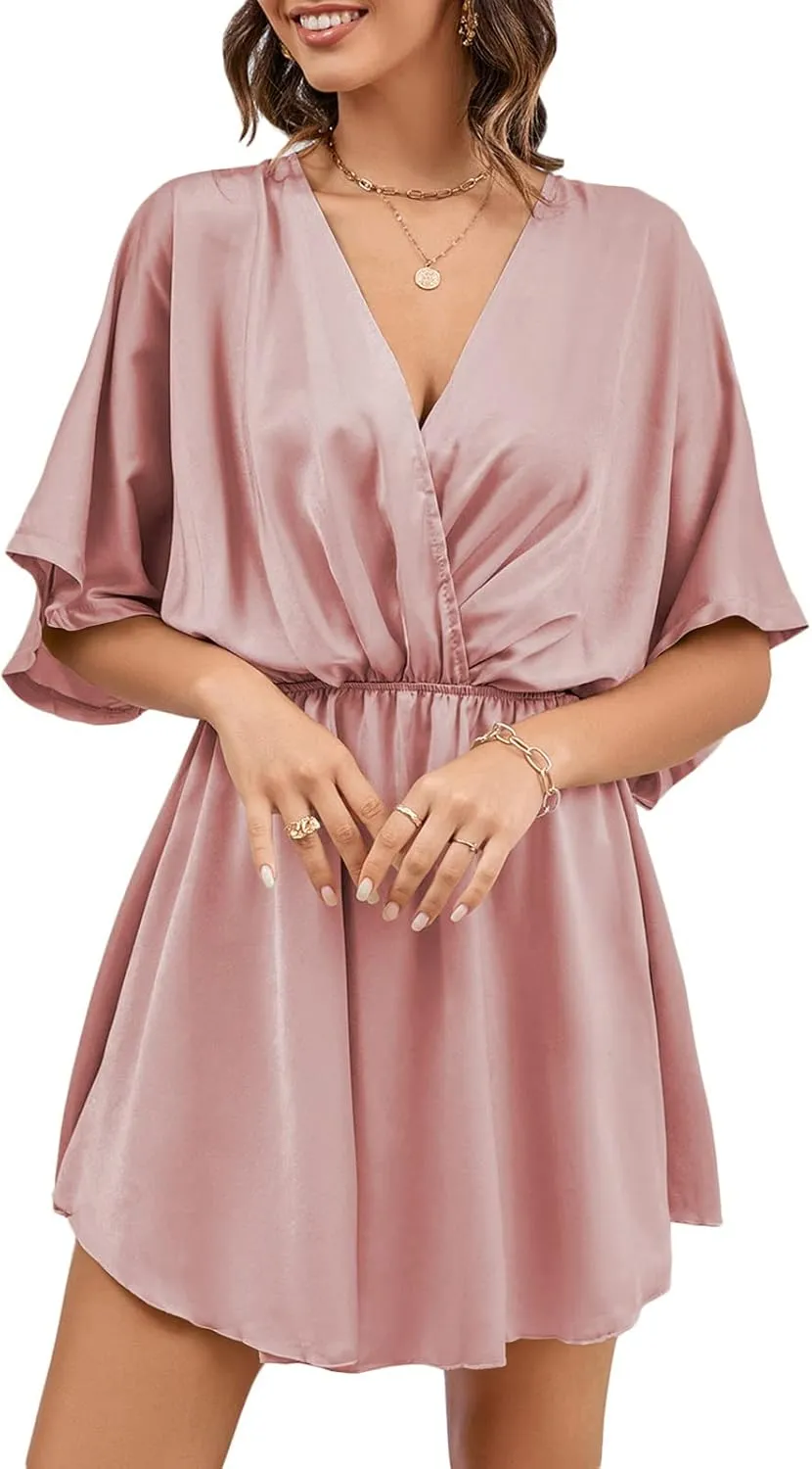 LYANER Women's Satin V Neck Twist Ruffle Flowy Swing Short Sleeve Elegant Mini Dress