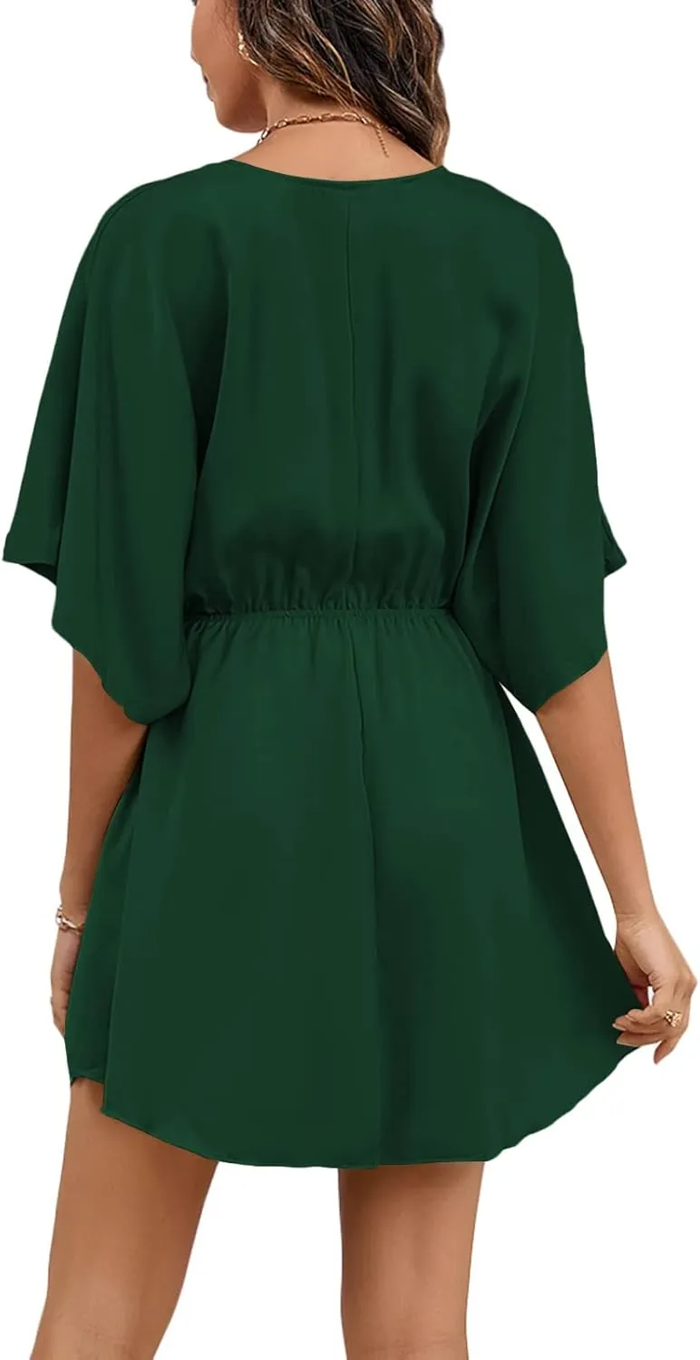 LYANER Women's Satin V Neck Twist Ruffle Flowy Swing Short Sleeve Elegant Mini Dress