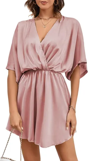LYANER Women's Satin V Neck Twist Ruffle Flowy Swing Short Sleeve Elegant Mini Dress