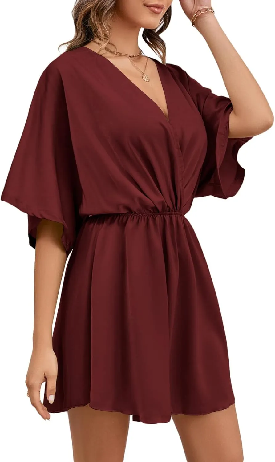 LYANER Women's Satin V Neck Twist Ruffle Flowy Swing Short Sleeve Elegant Mini Dress