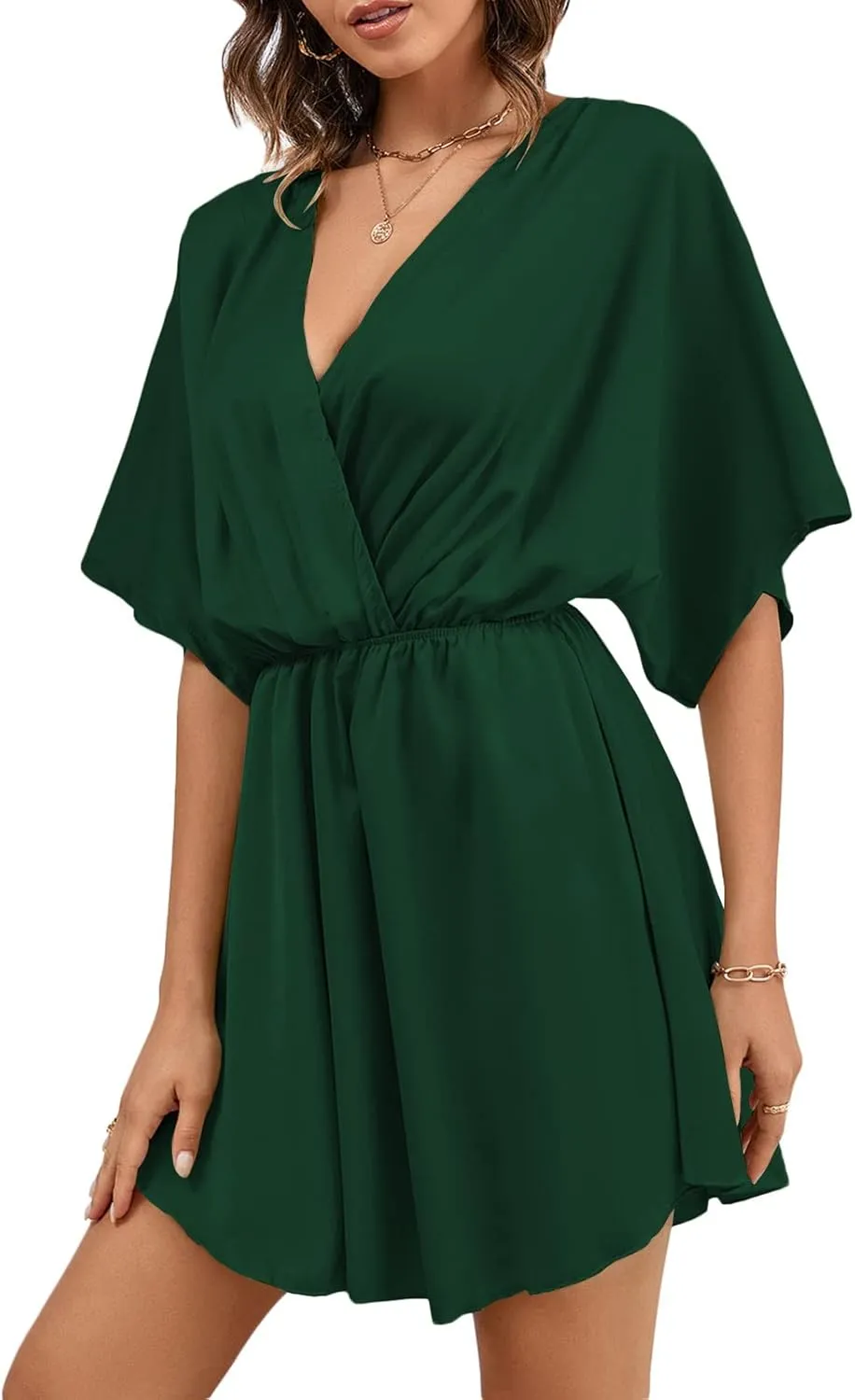 LYANER Women's Satin V Neck Twist Ruffle Flowy Swing Short Sleeve Elegant Mini Dress